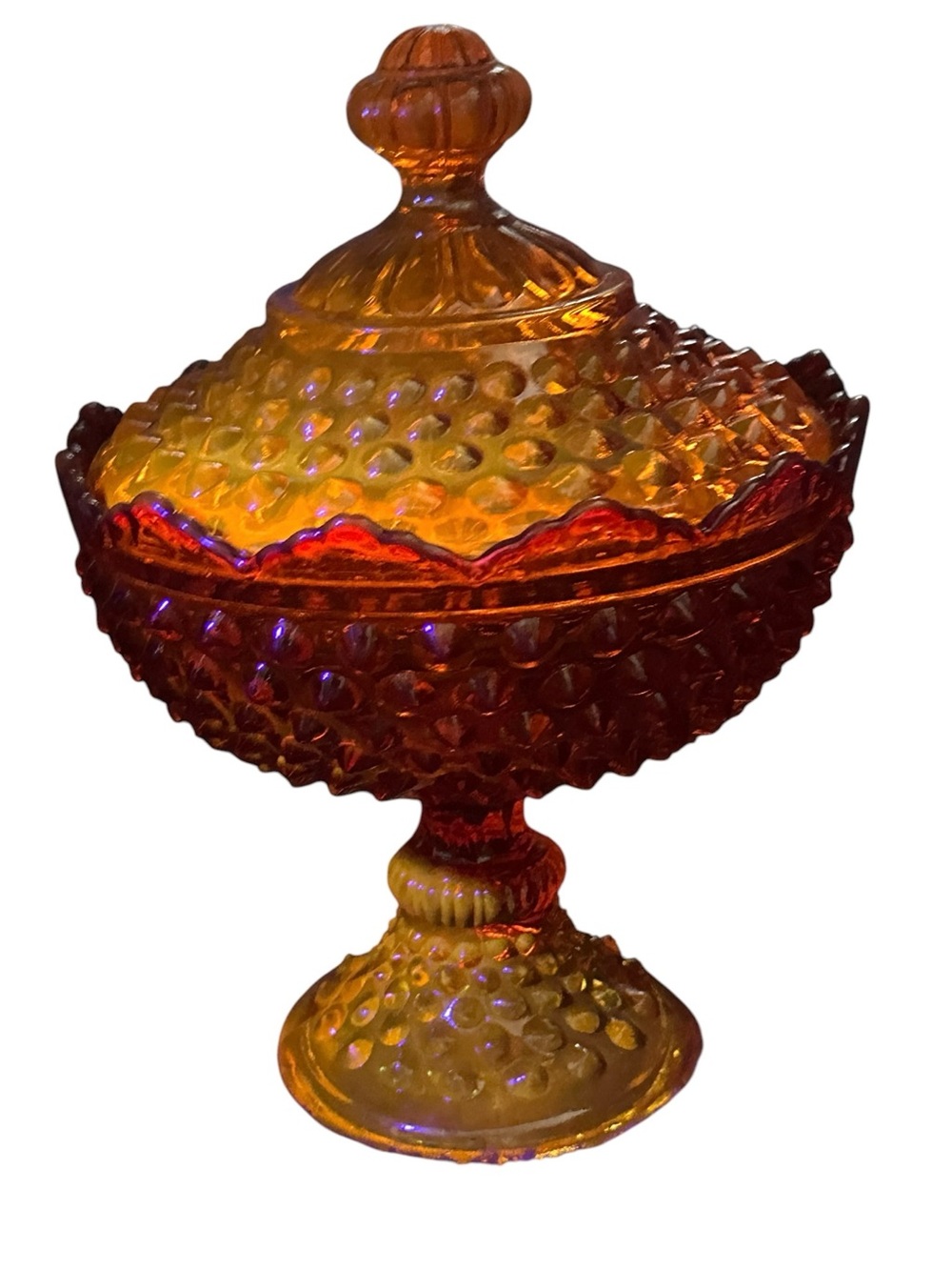 Vintage Fenton Glass Amberina Hobnail Lidded Compote Candy Dish GLOWS 9"
